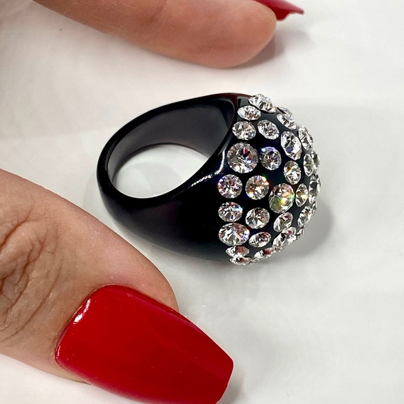 Women’s Black Acrylic Ring Embellished With Swarovski Crystal Stones, Dome Shape - Picture 6 of 15